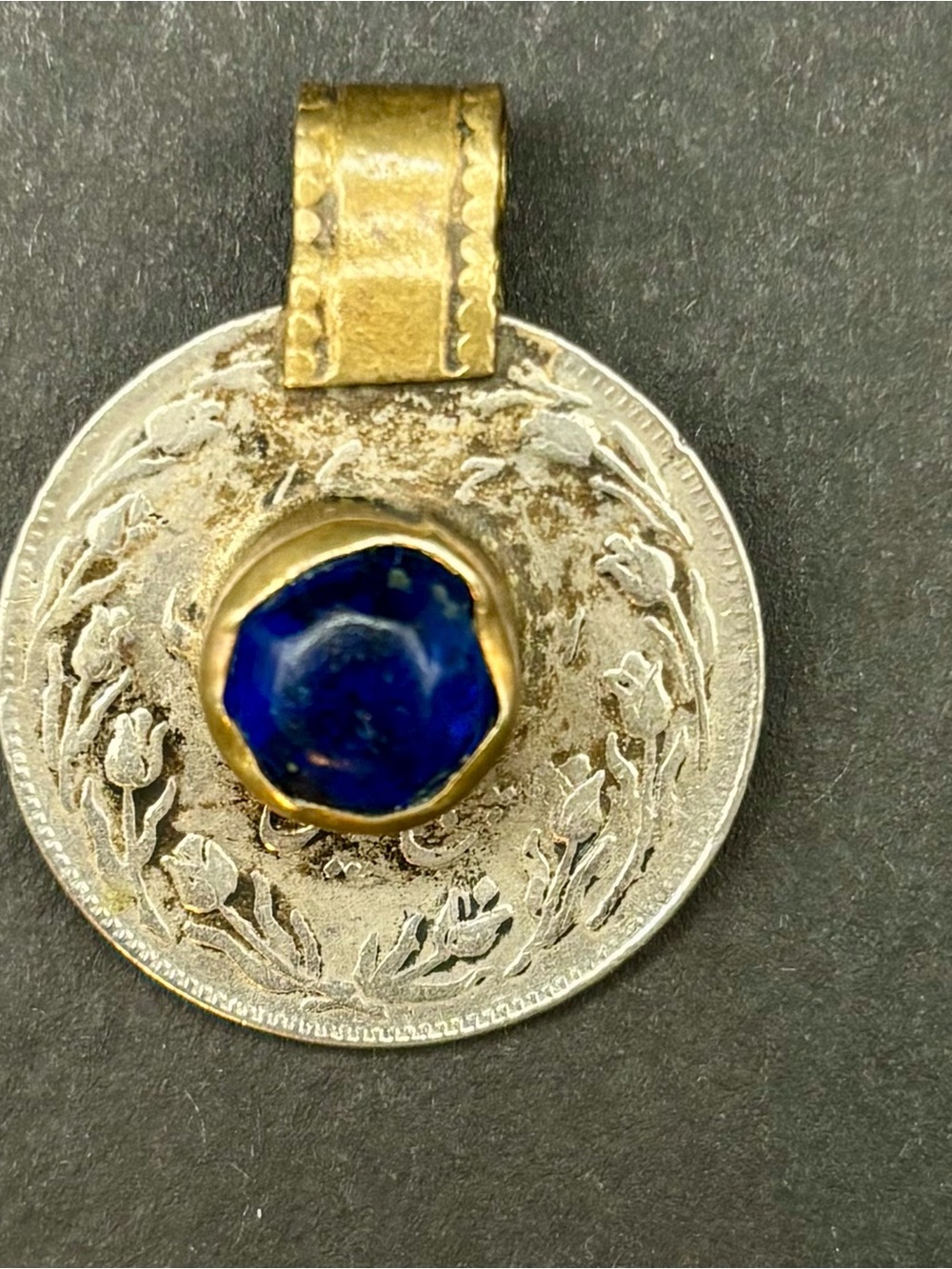 Cobalt Blue Uranium Glass Coin Pendant UV Glow Tulips Heart Vintage Upcycled